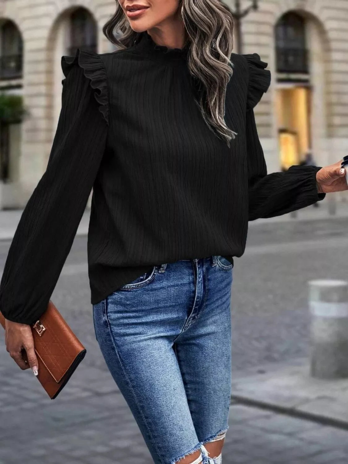 Ruffle Trim Long Sleeve Blouse