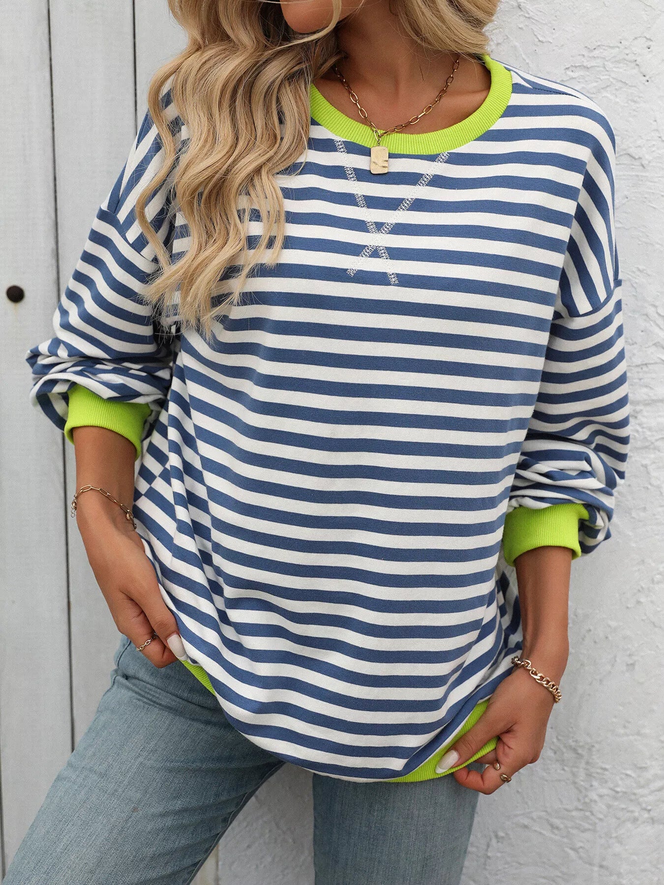 Striped Round Neck Dropped Shoulder Sweatshirt