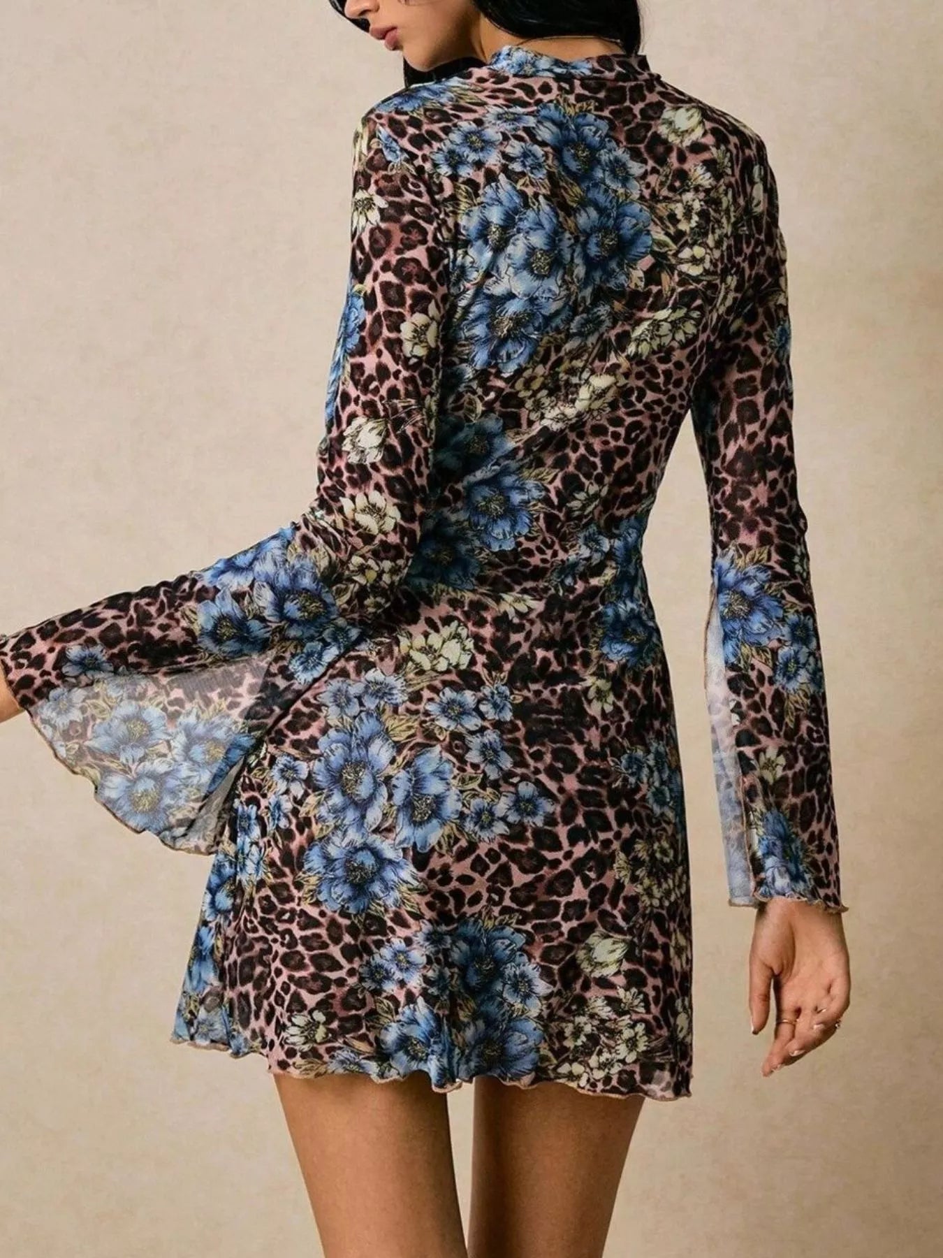 Floral Leopard Print Slit Sleeve Mini Dress