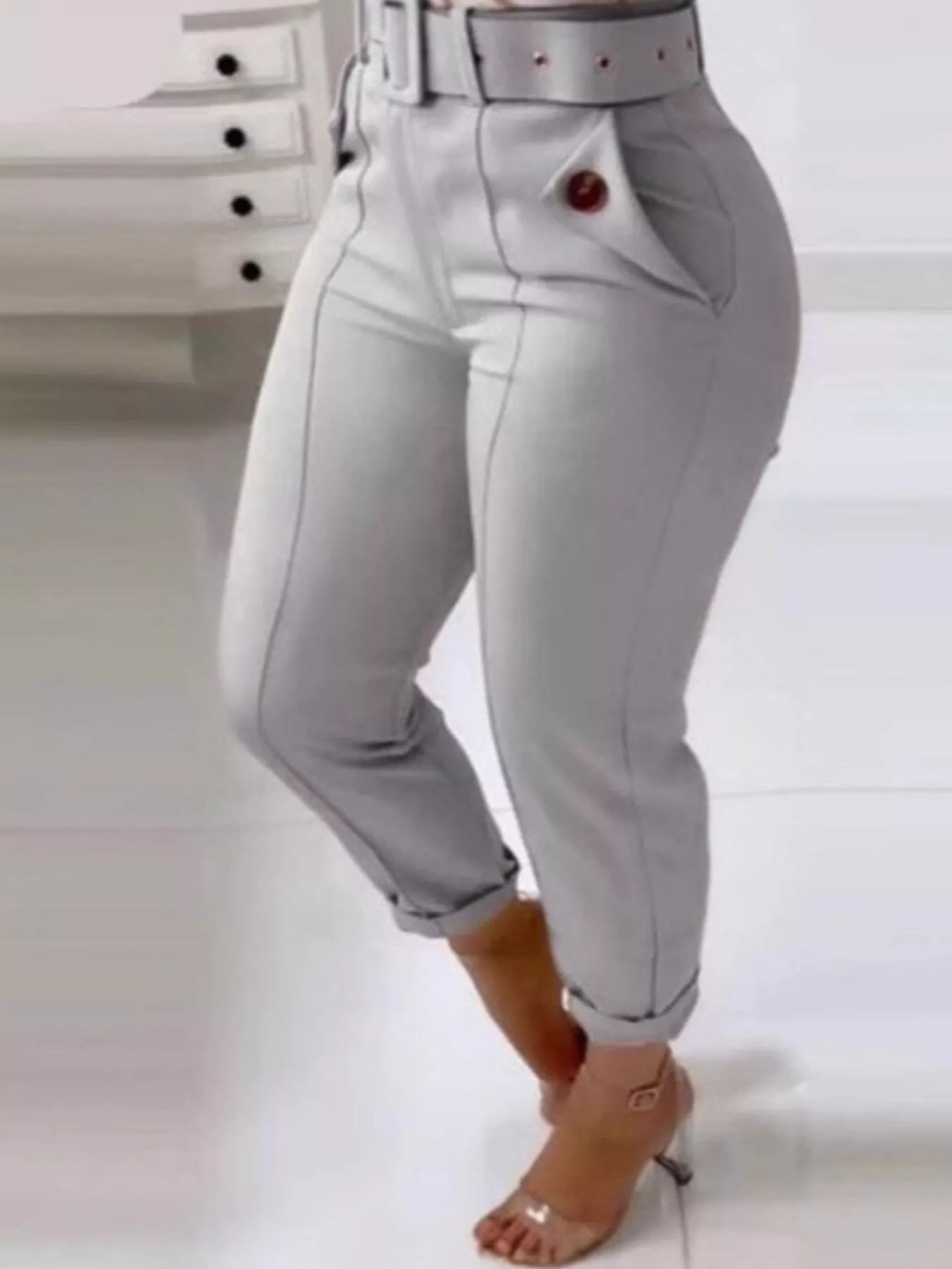 High Waist Belted Slim Fit Ankle Pants