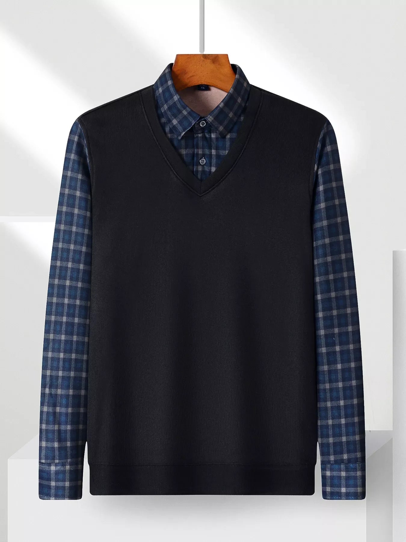 Men's Plus Size Striped Long Sleeve Fake Two-Piece Knit Top