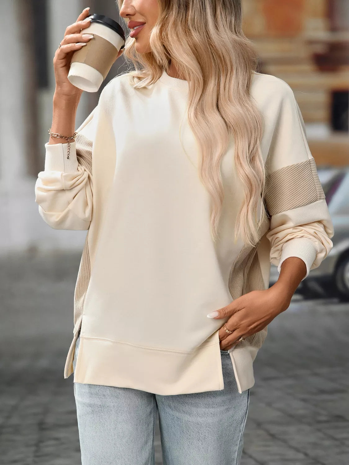 Side Slit Round Neck Sweatshirt