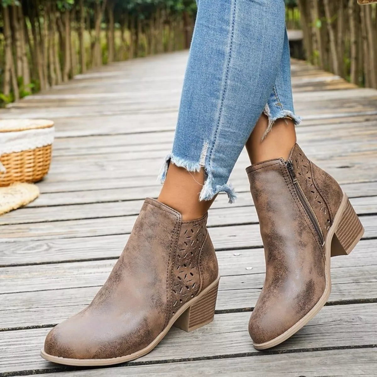 Block Heel Ankle Boots with Cutout Detail