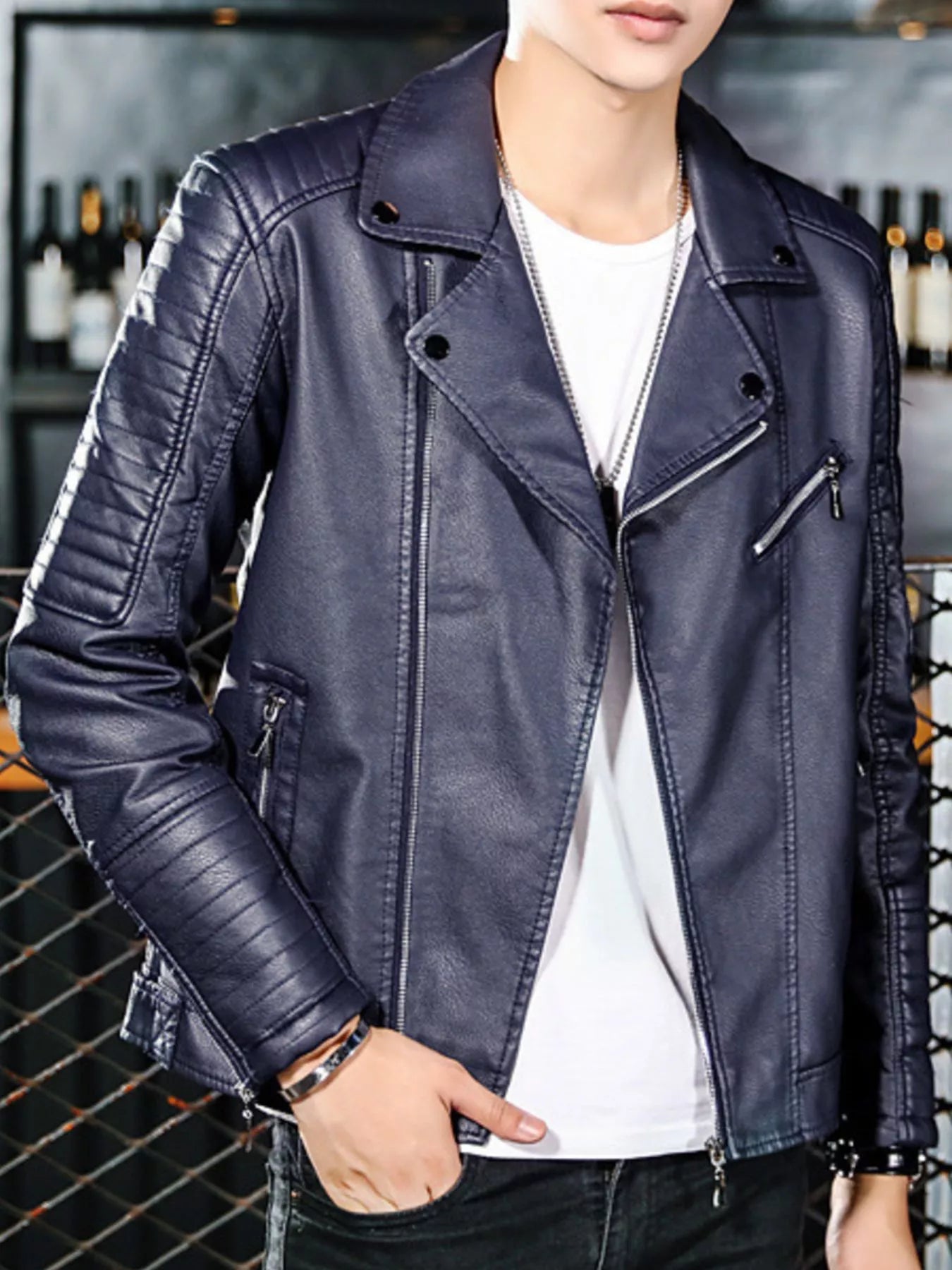Men's Plus Size Zip Up Faux Leather Biker Jacket
