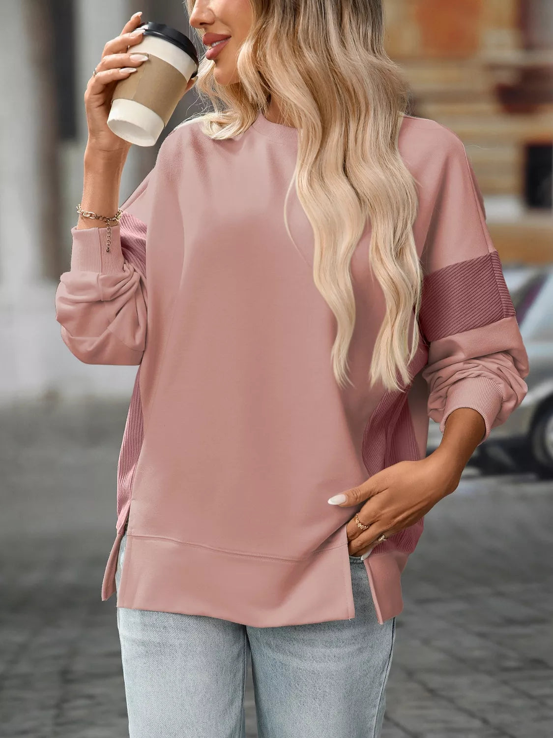 Side Slit Round Neck Sweatshirt