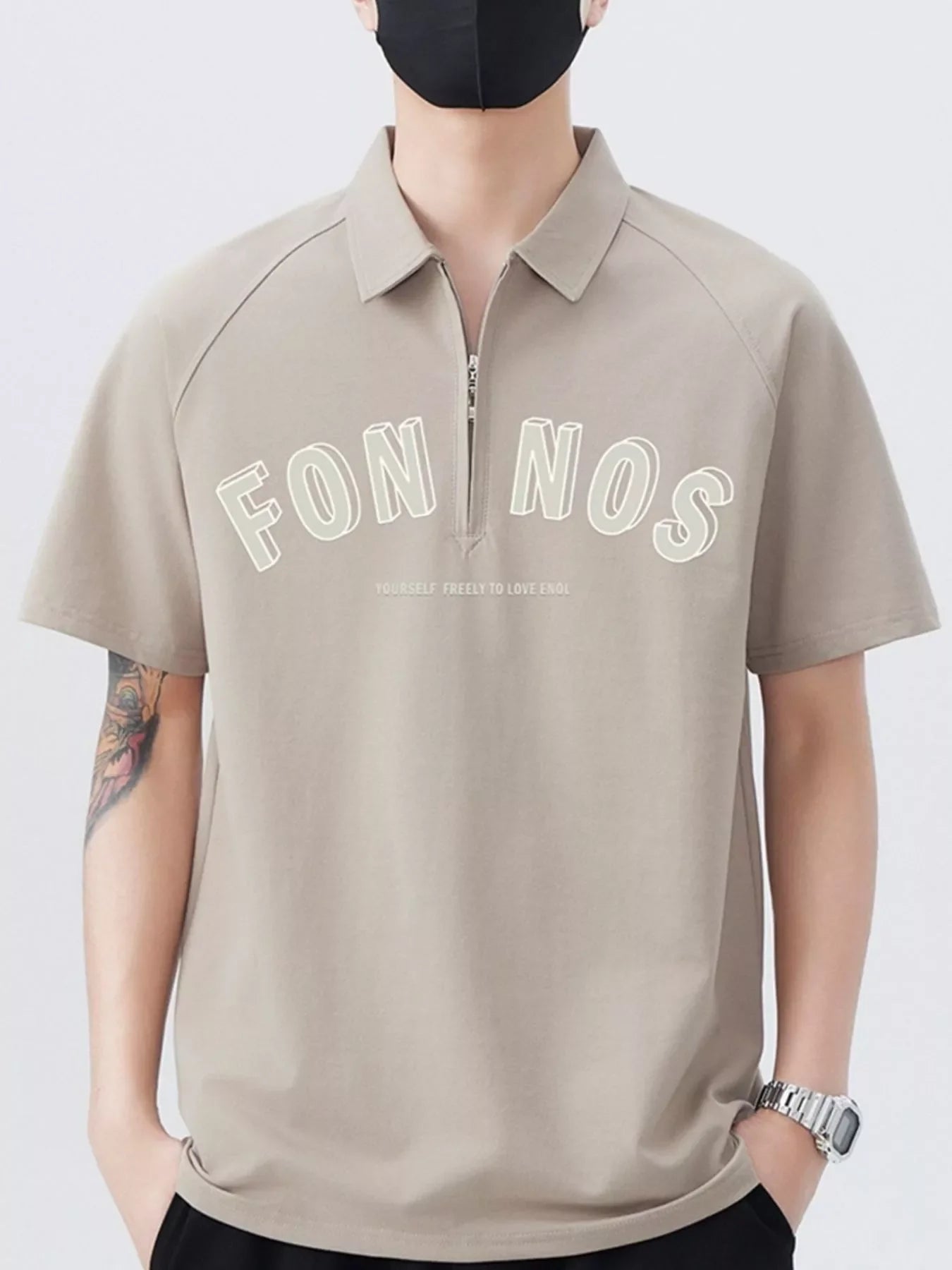 Men's Plus Size Zipper Polo Shirt with Letter Print