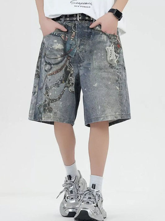 Men's Full Size Vintage Chain Print Denim Shorts Plus Size