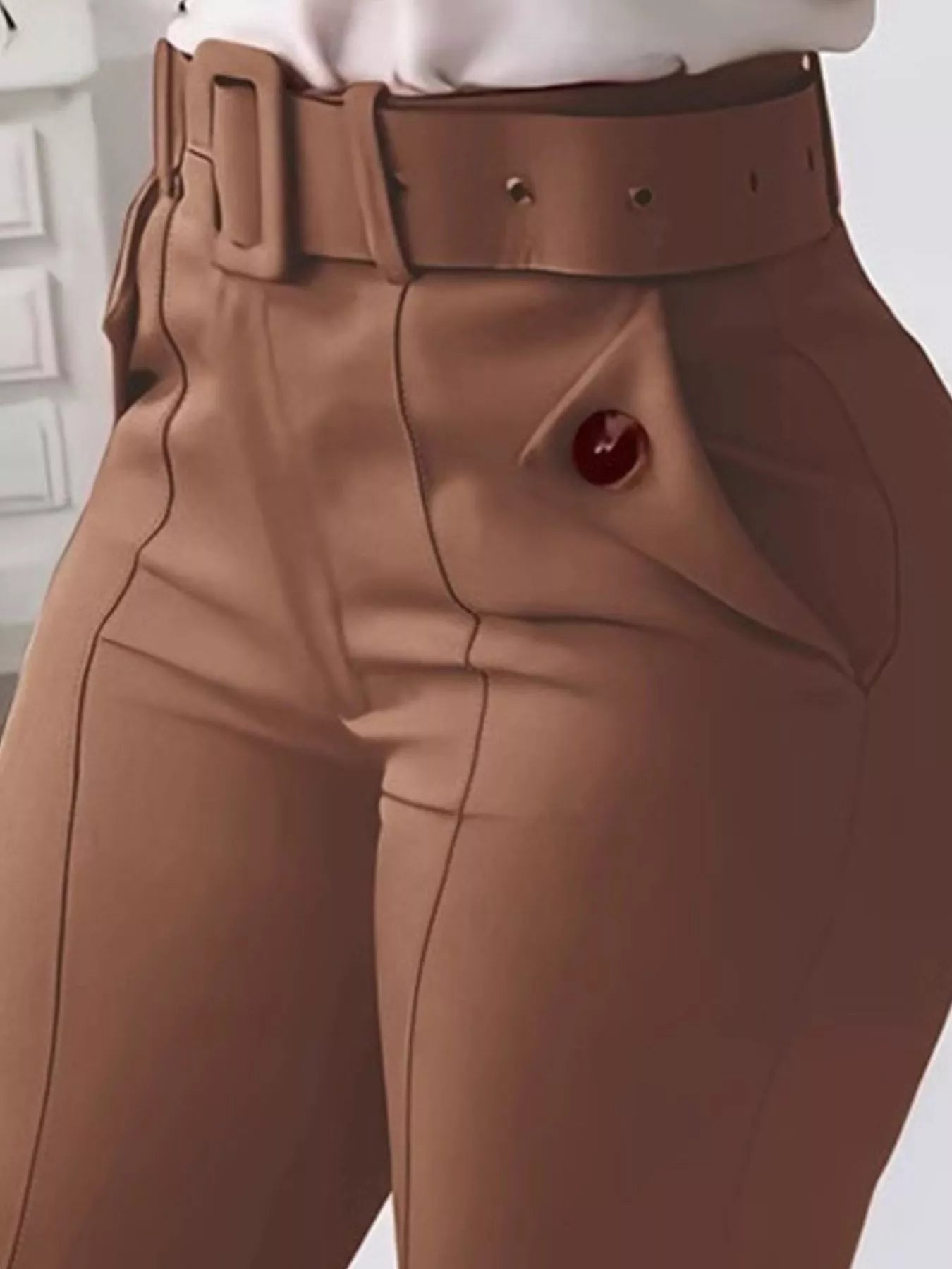 High Waist Belted Slim Fit Ankle Pants