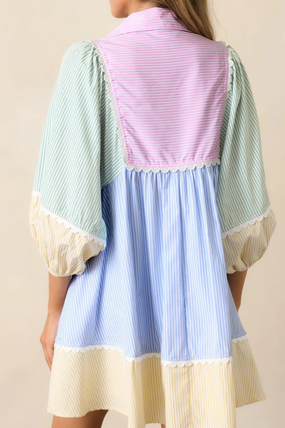 Striped Patchwork Ric Rac Puff Sleeve Collared Mini Dress