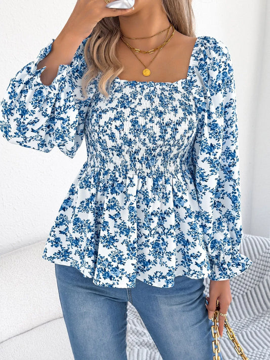 Full Size Floral Print Smocked Long Sleeve Blouse Plus Size