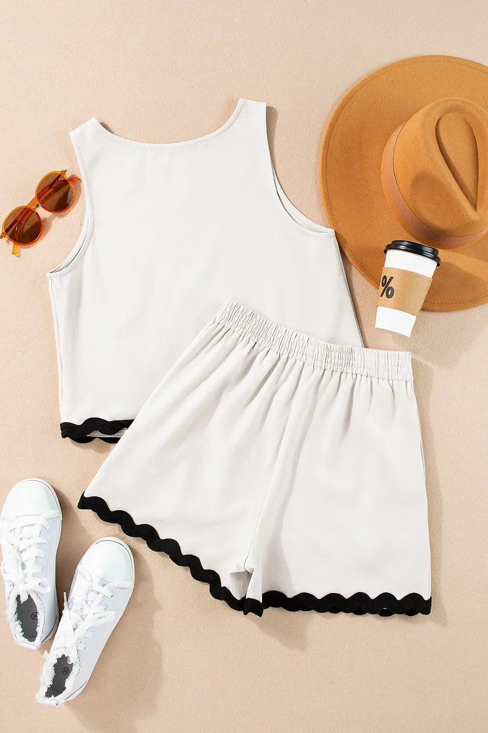 Ricrac Trim Tank Top and Elastic Waist Shorts Set