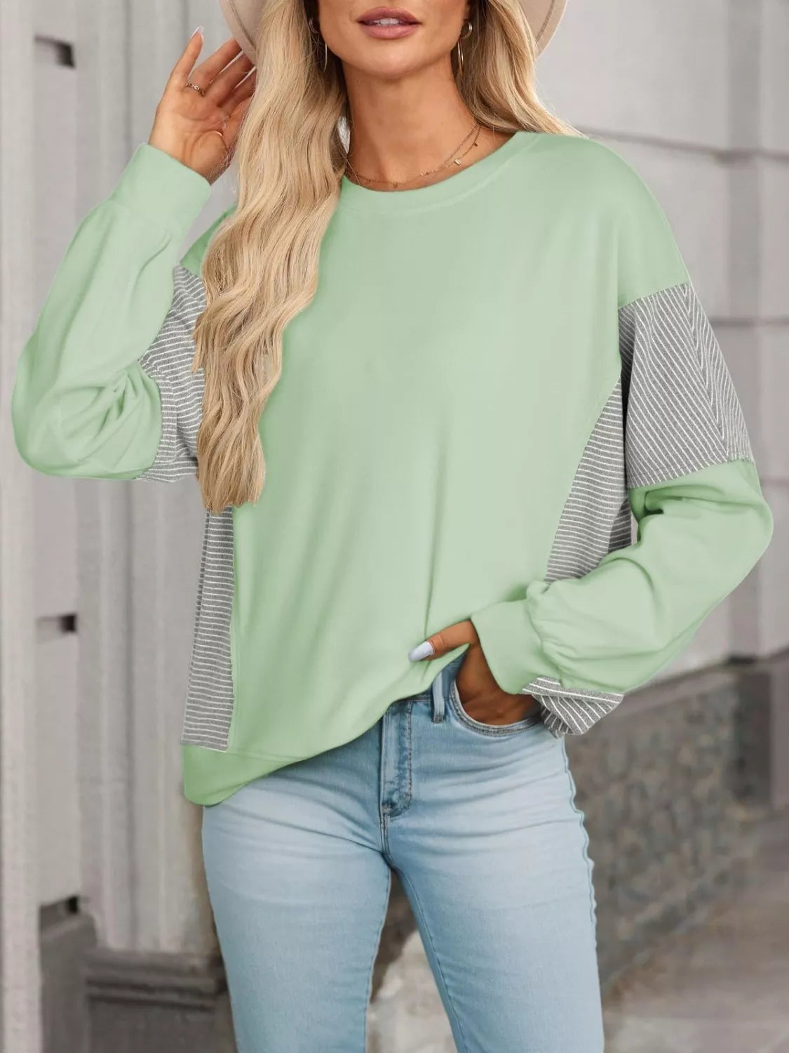 Color Block Striped Sleeve Casual Sweatshirt