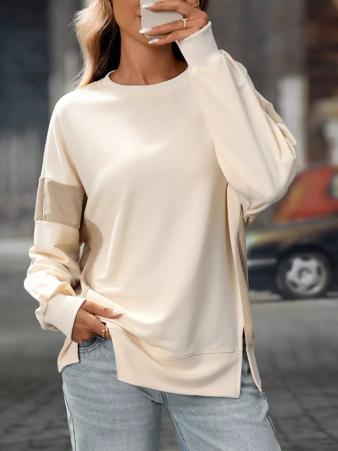 Side Slit Round Neck Sweatshirt
