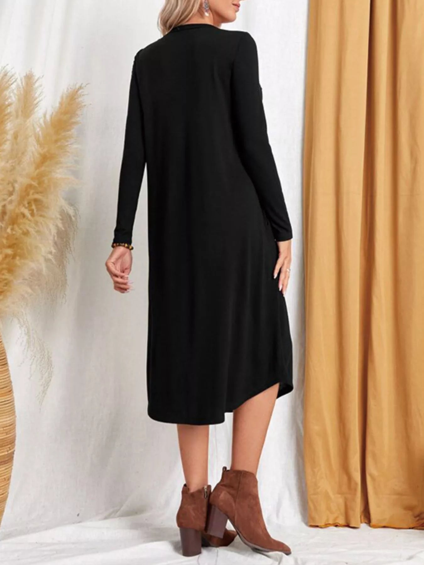 Casual Long Sleeve Pocket Midi Dress