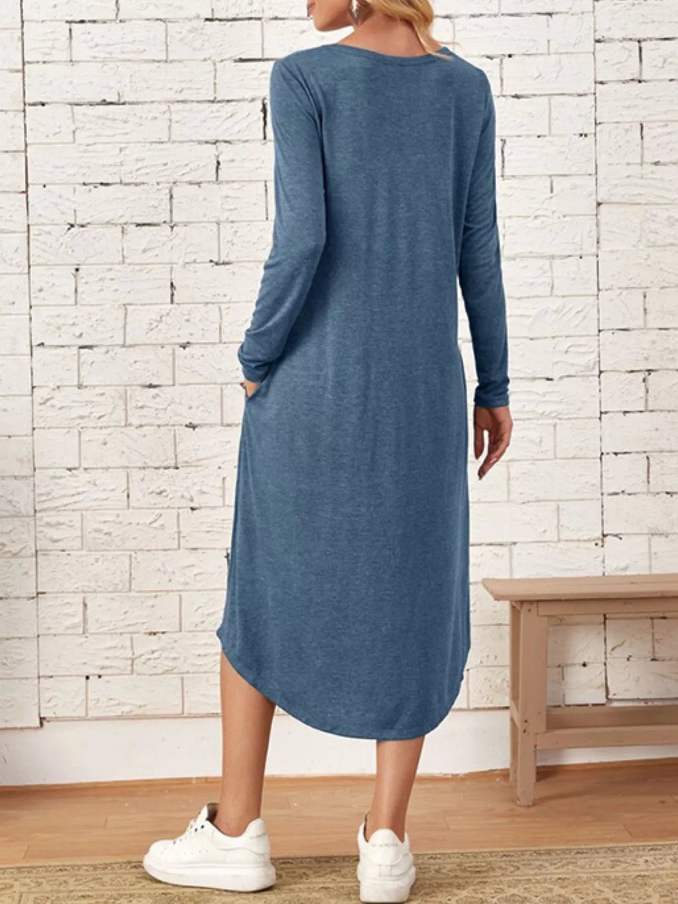 Casual Long Sleeve Pocket Midi Dress