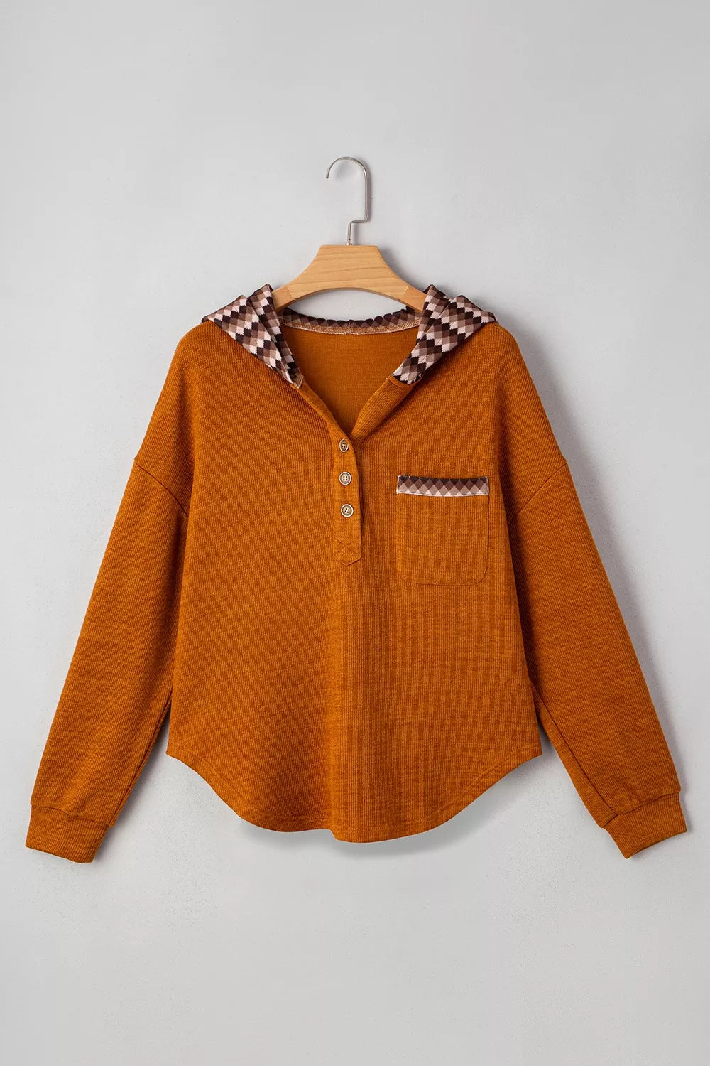 Casual Long Sleeve Henley Hooded Top