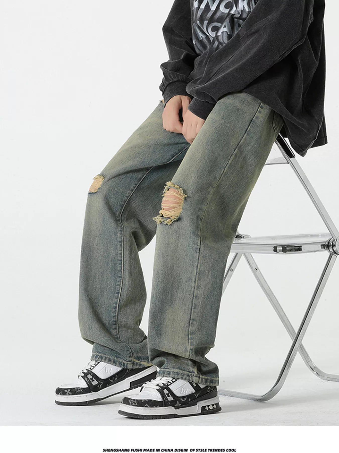 Men's Full Size Distressed Wide Leg Jeans Plus Size