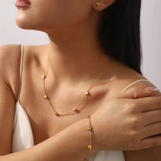 18K Gold-Plated Heart Earrings & Bracelet and Necklace Jewelry Set