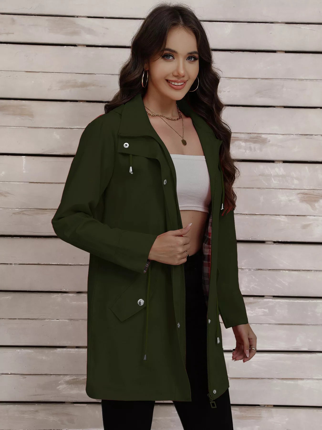 Drawstring Snap-Down Trench Coat
