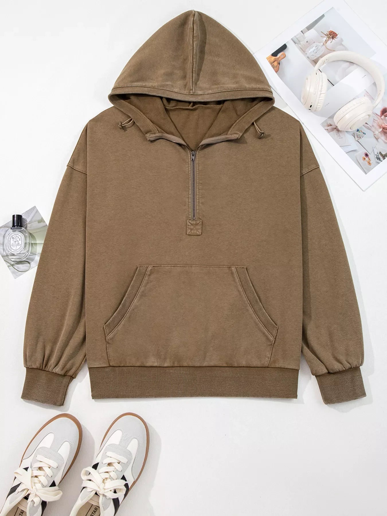 Half Zip Kangaroo Pocket Mineral Wash Baggy Hoodie