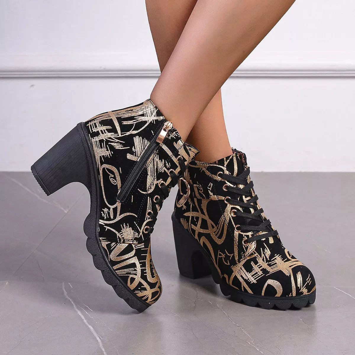 Printed Lace-Up Ankle Boots with Block Heel
