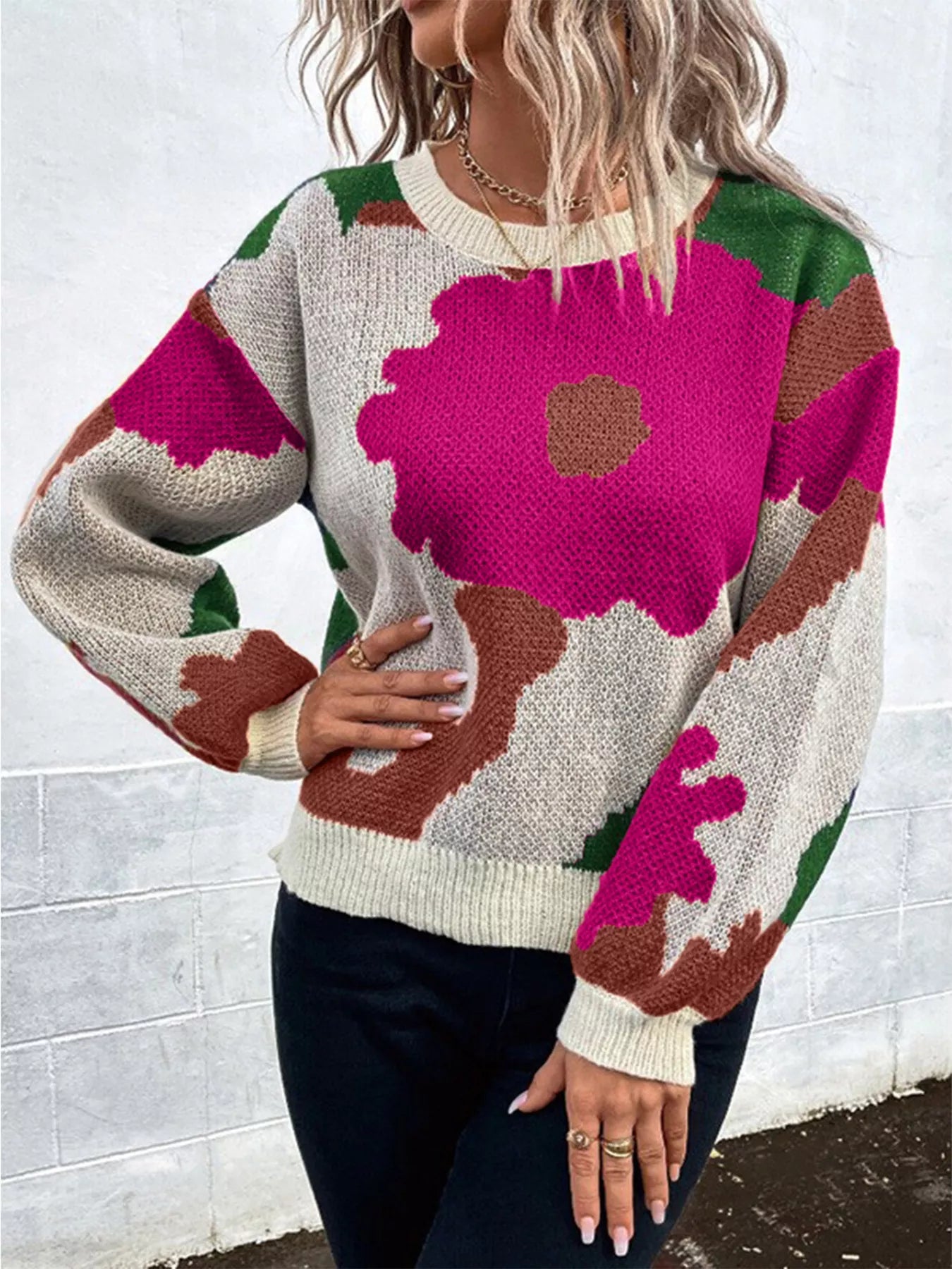 Floral Pattern Round Neck Sweater