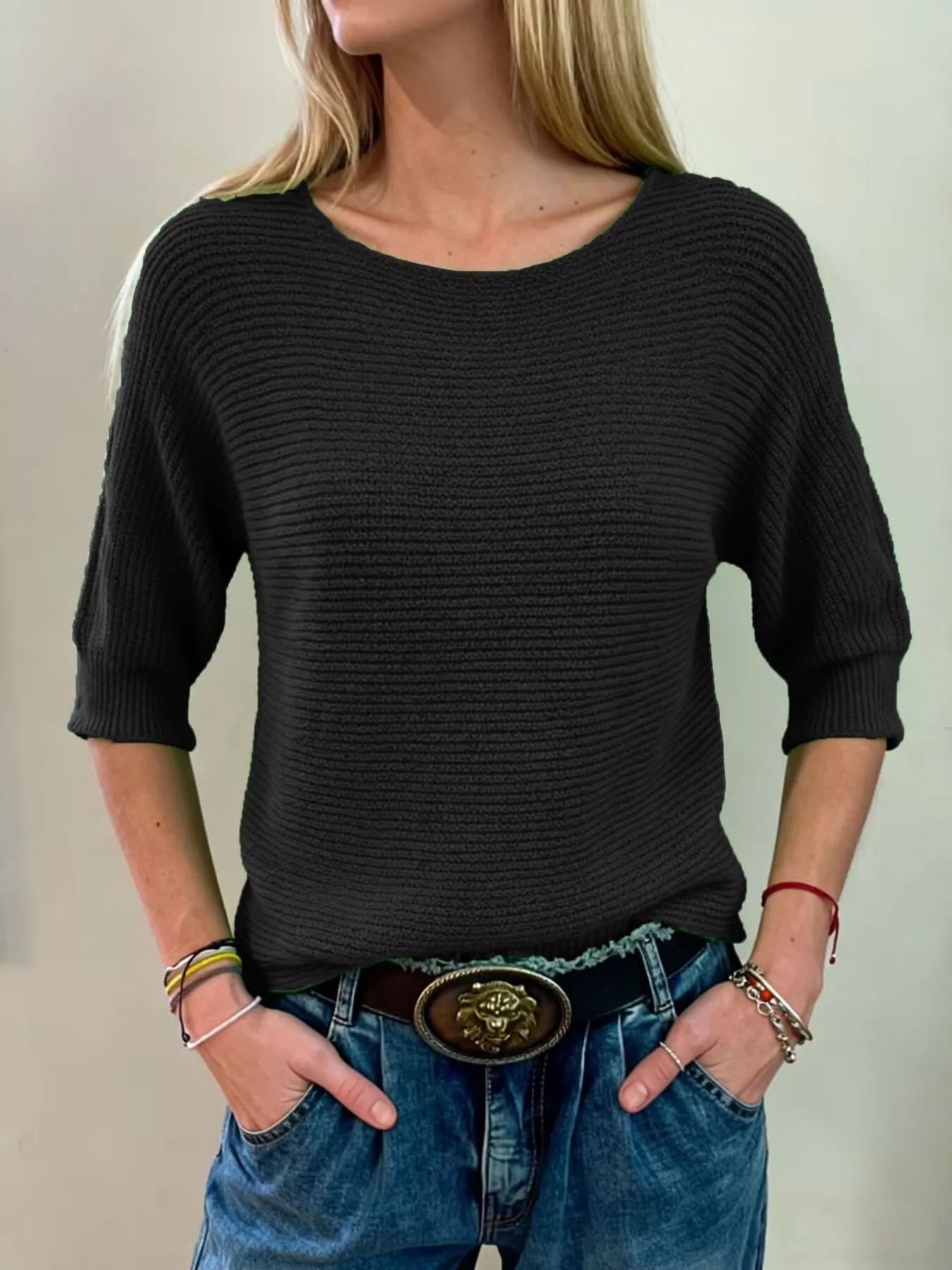 Full Size Ribbed Knit Round Neck Sweater Plus Size