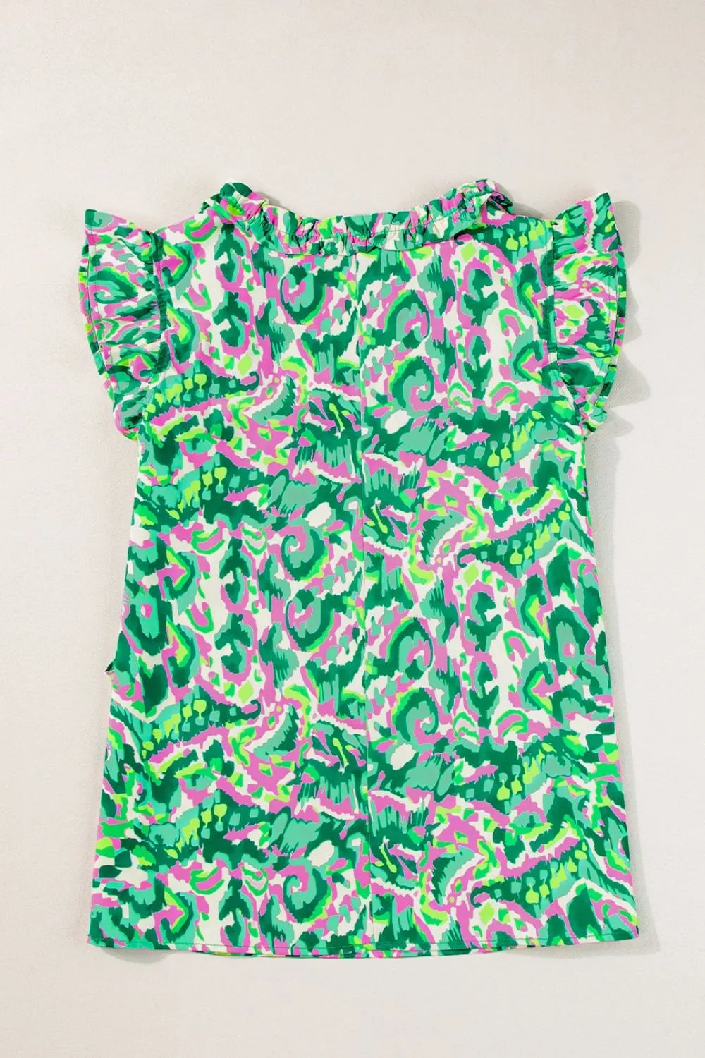 Abstract Print Ruffled Trim Tie Neck Top
