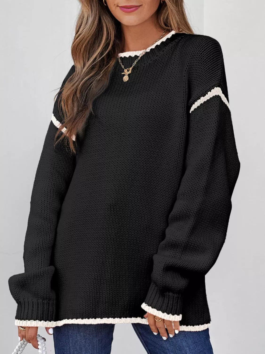Contrast Trim Round Neck Sweater
