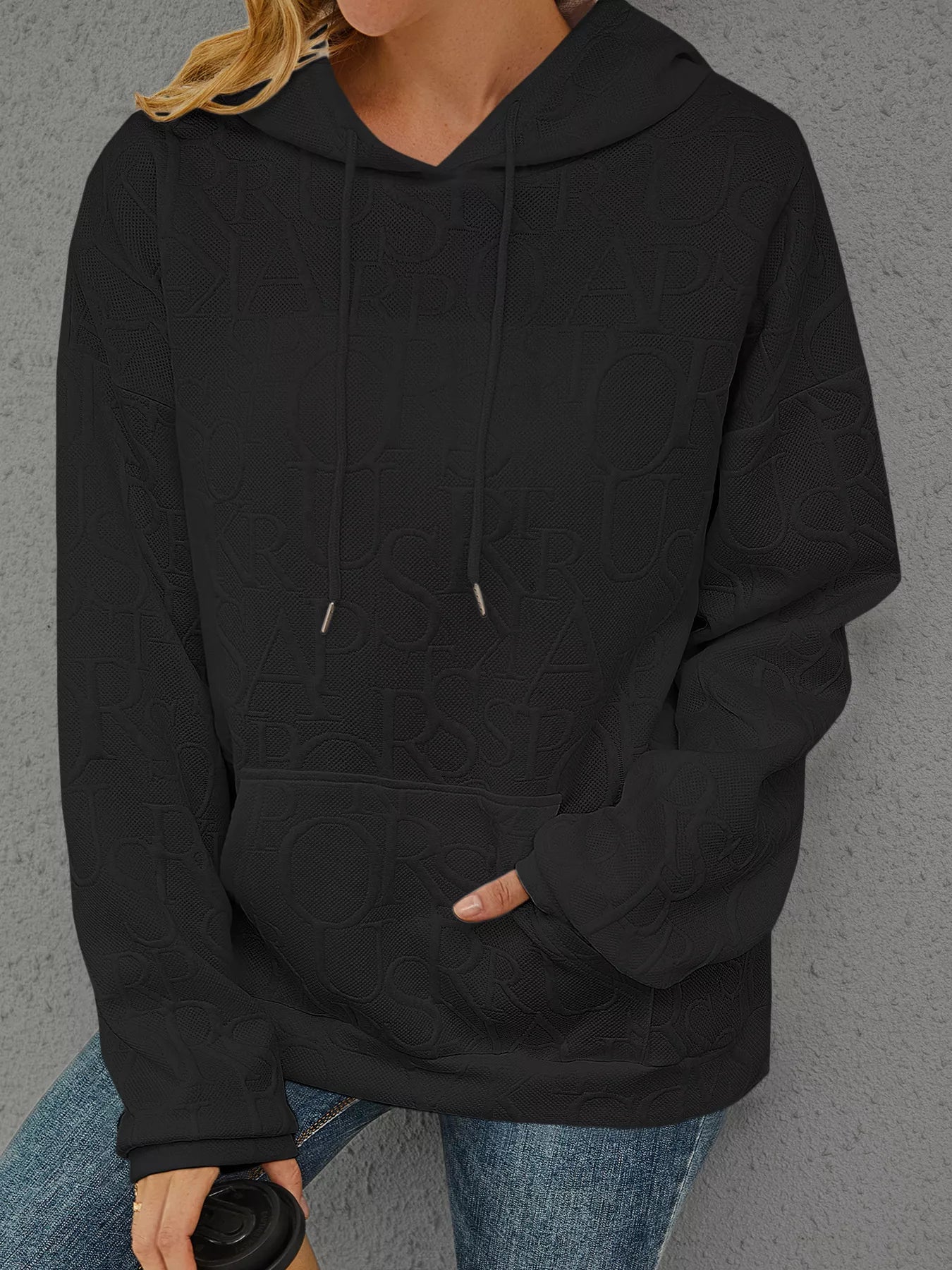 Full Size Embossed Lettering Casual Hoodie Plus Size