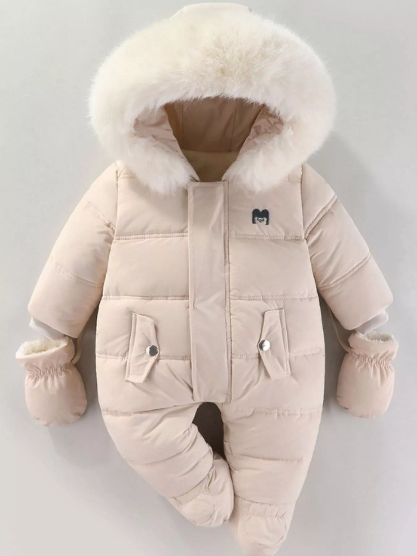 Children's Warm Padded One-Piece Snowsuit with Fur Hood