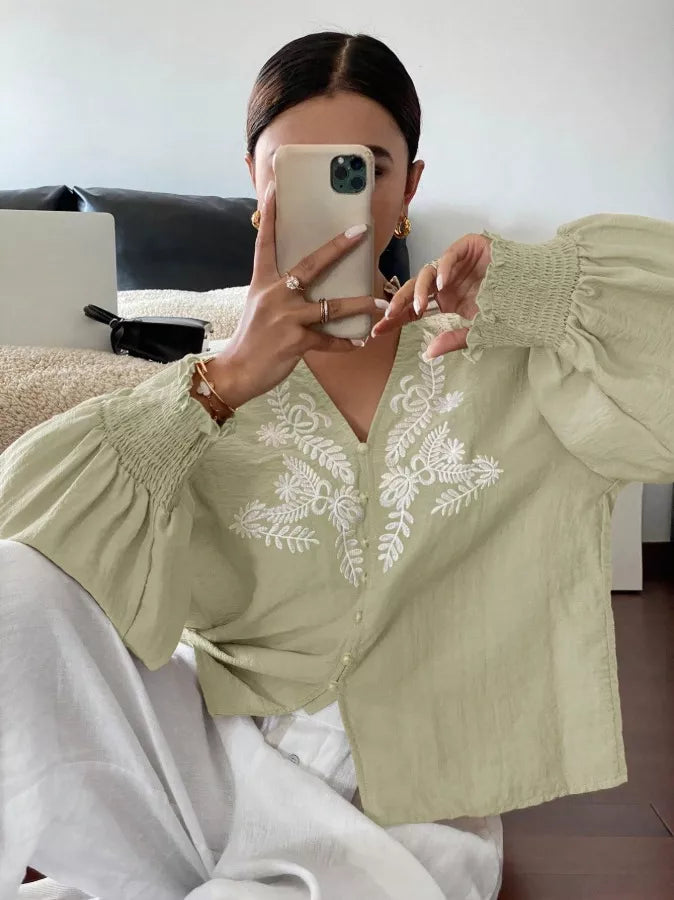 Embroidered Notched Long Sleeve Blouse