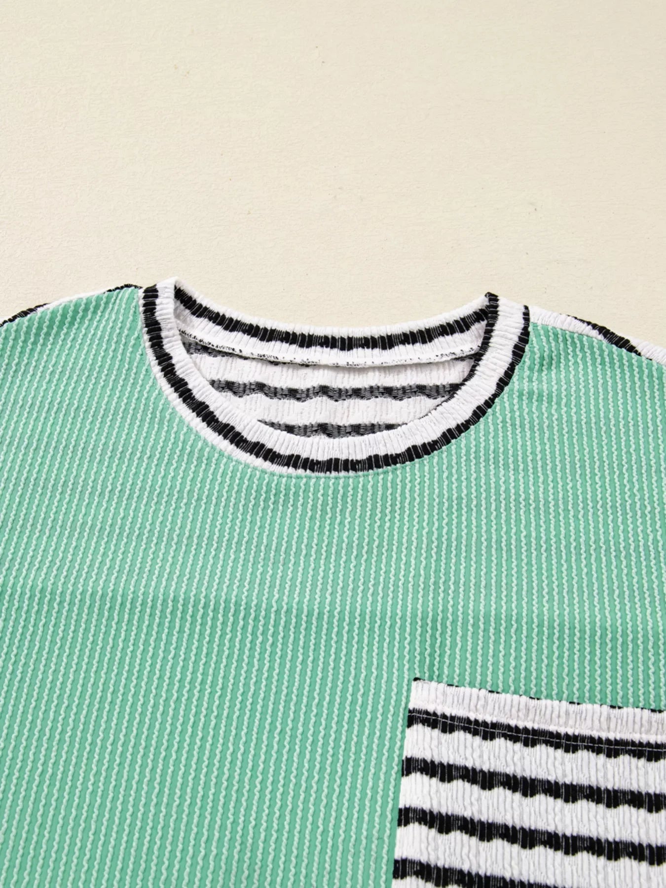 Twisted Ribbed Contrast Round Neck Striped Patchwork Long Sleeve Top