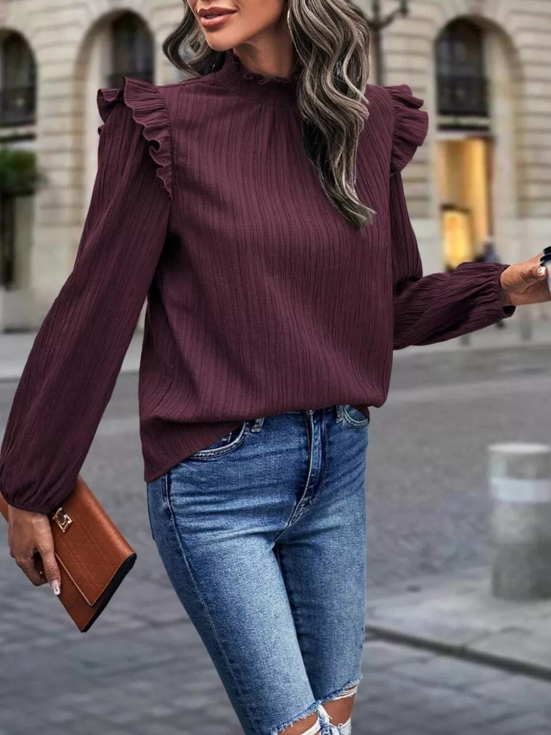 Ruffle Trim Long Sleeve Blouse