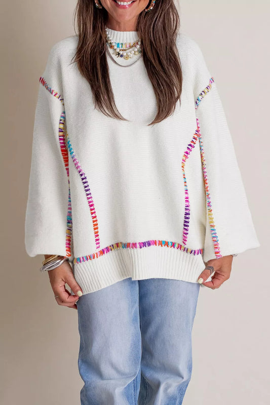 Rainbow Stitching Long Sleeve Relaxed Sweater