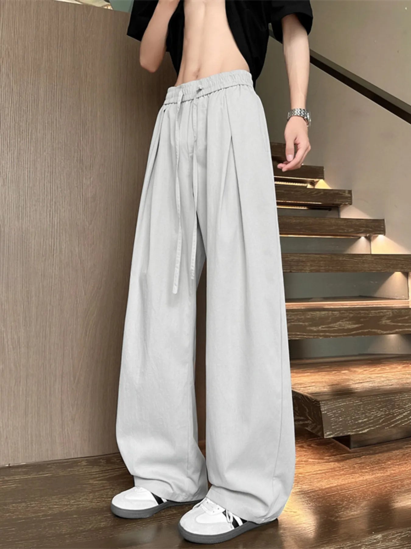Men's Full Size Wide Leg Pleated Drawstring Casual Pants Plus Size