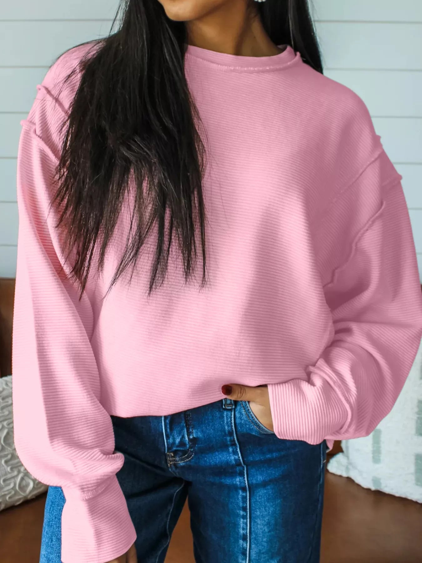 Horizontal Ribbed Exposed Seam Detail Drop Shoulder Baggy Pullover