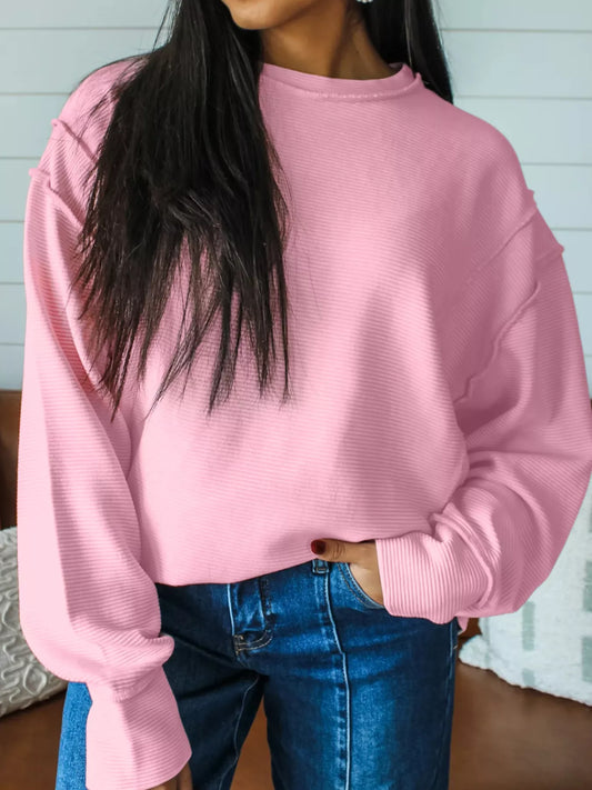 Horizontal Ribbed Exposed Seam Detail Drop Shoulder Baggy Pullover