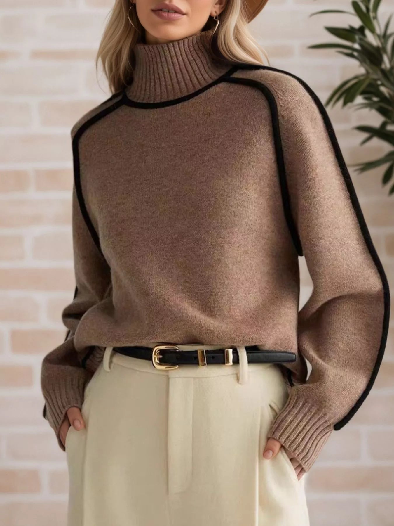 Contrast Trim Turtleneck Sweater