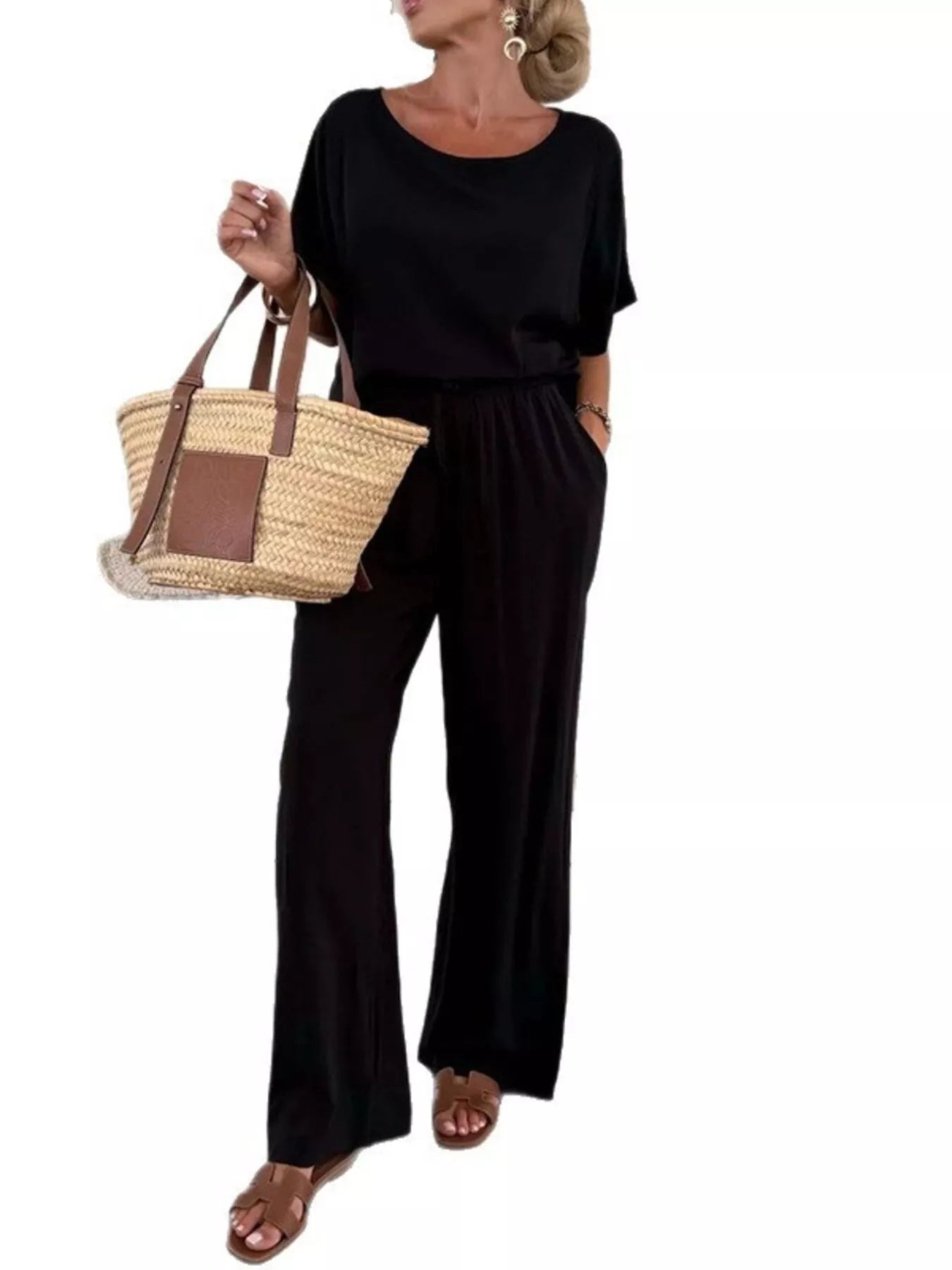 Full Size Casual Loose Round Neck Top and Pants Two-Piece Set Plus Size