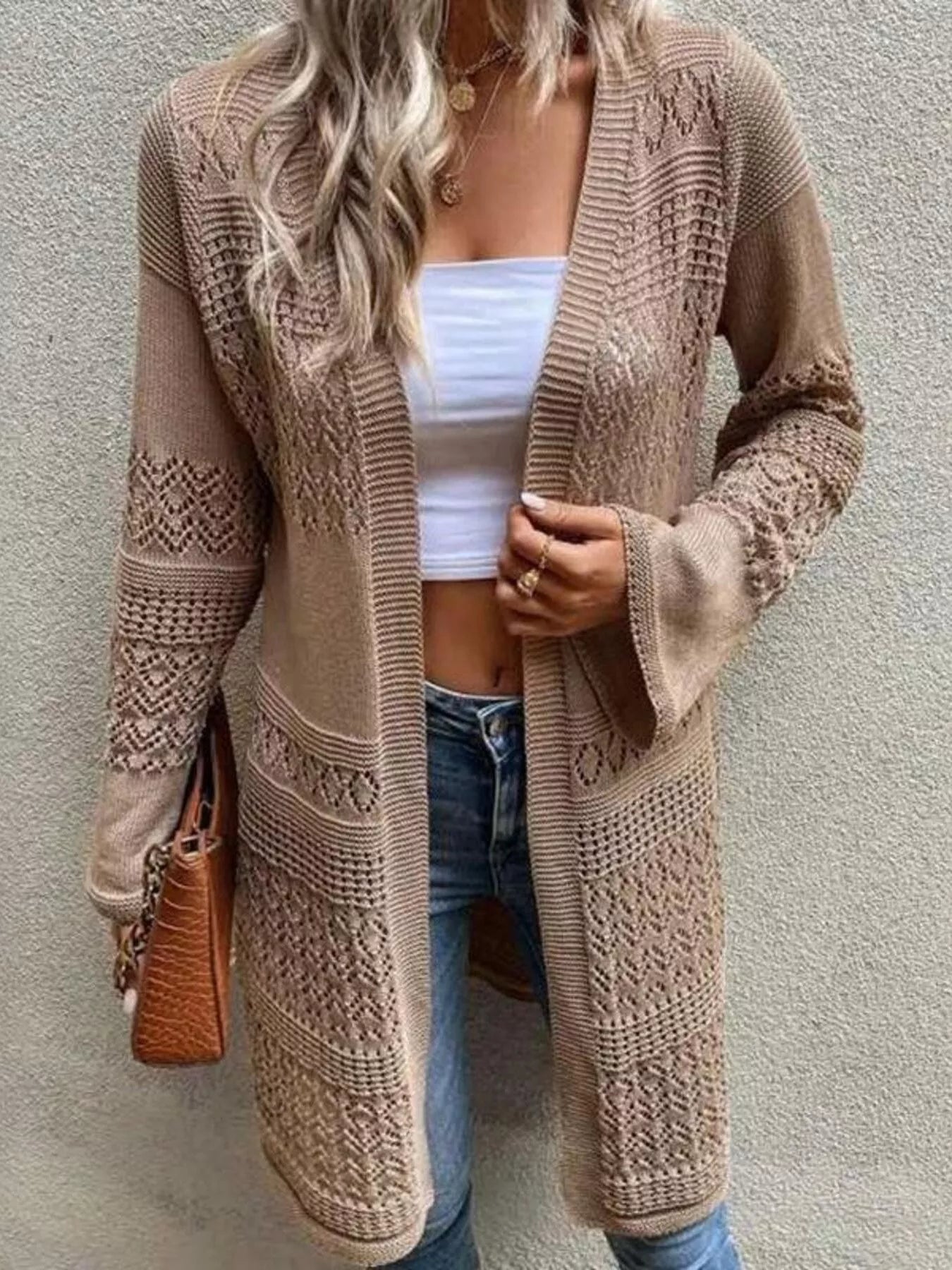 Openwork Open Front Knit Cardigan