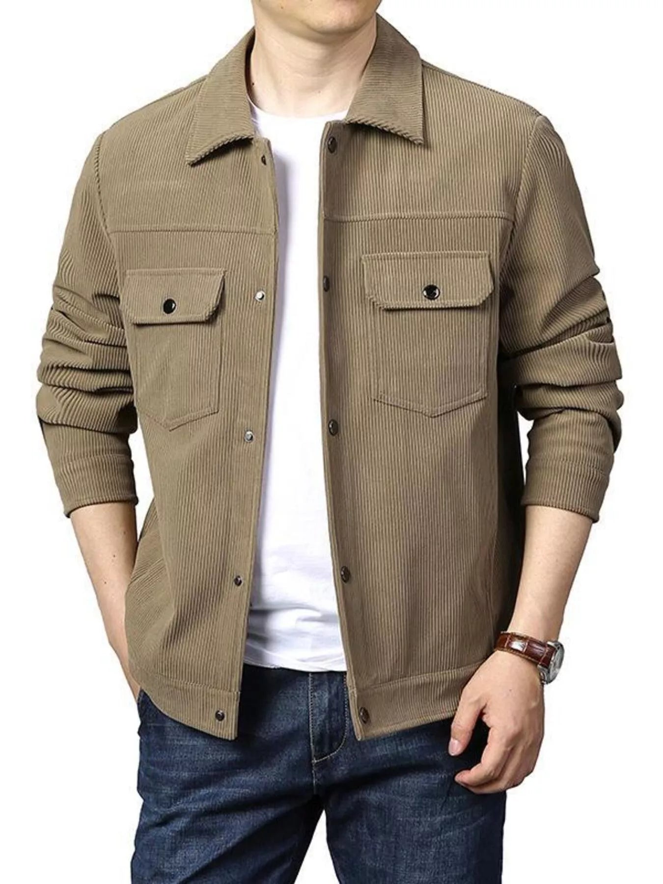 Men's Plus Size Casual Corduroy Snap-Down Jacket