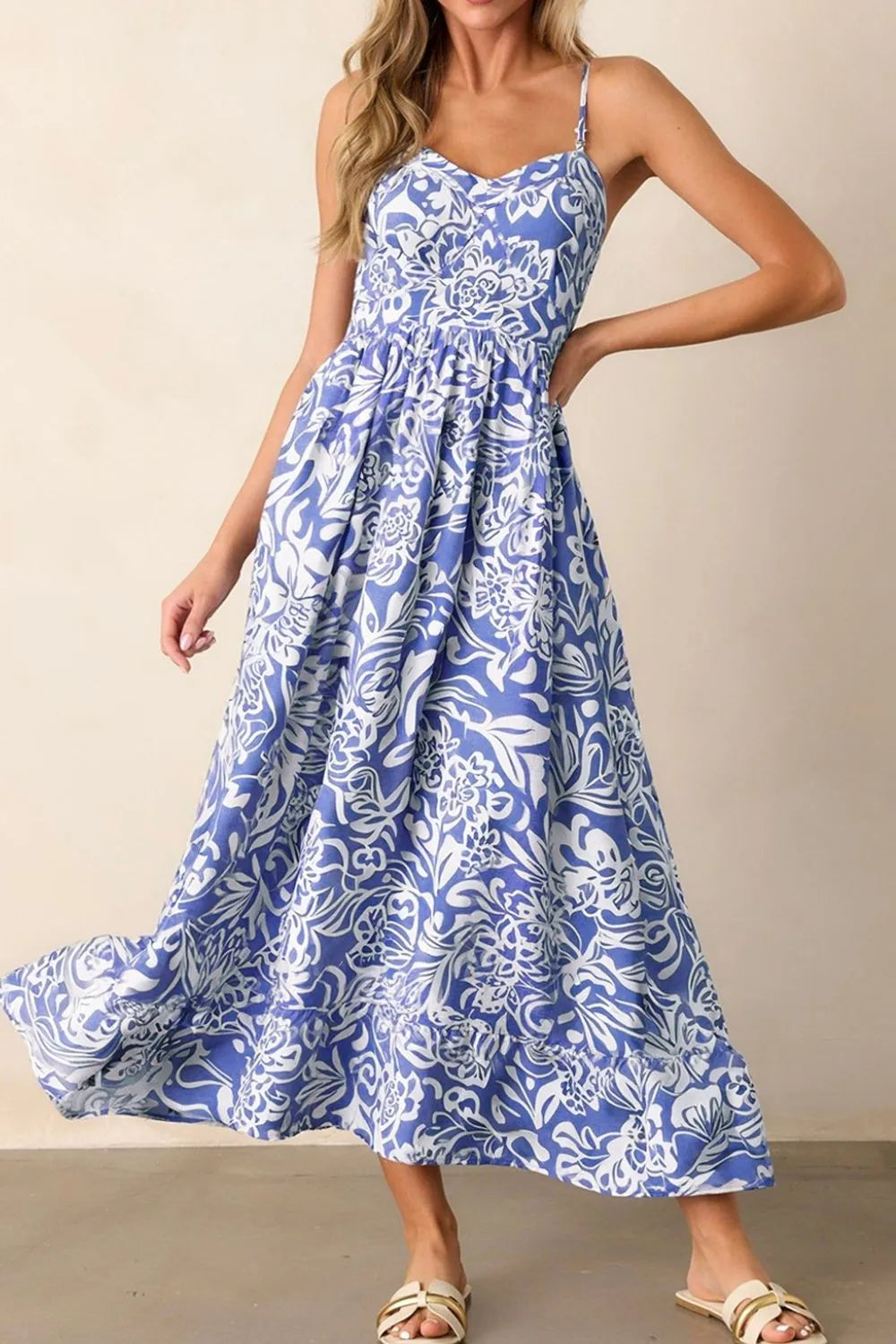 Floral Print Spaghetti Strap High Waist Dress