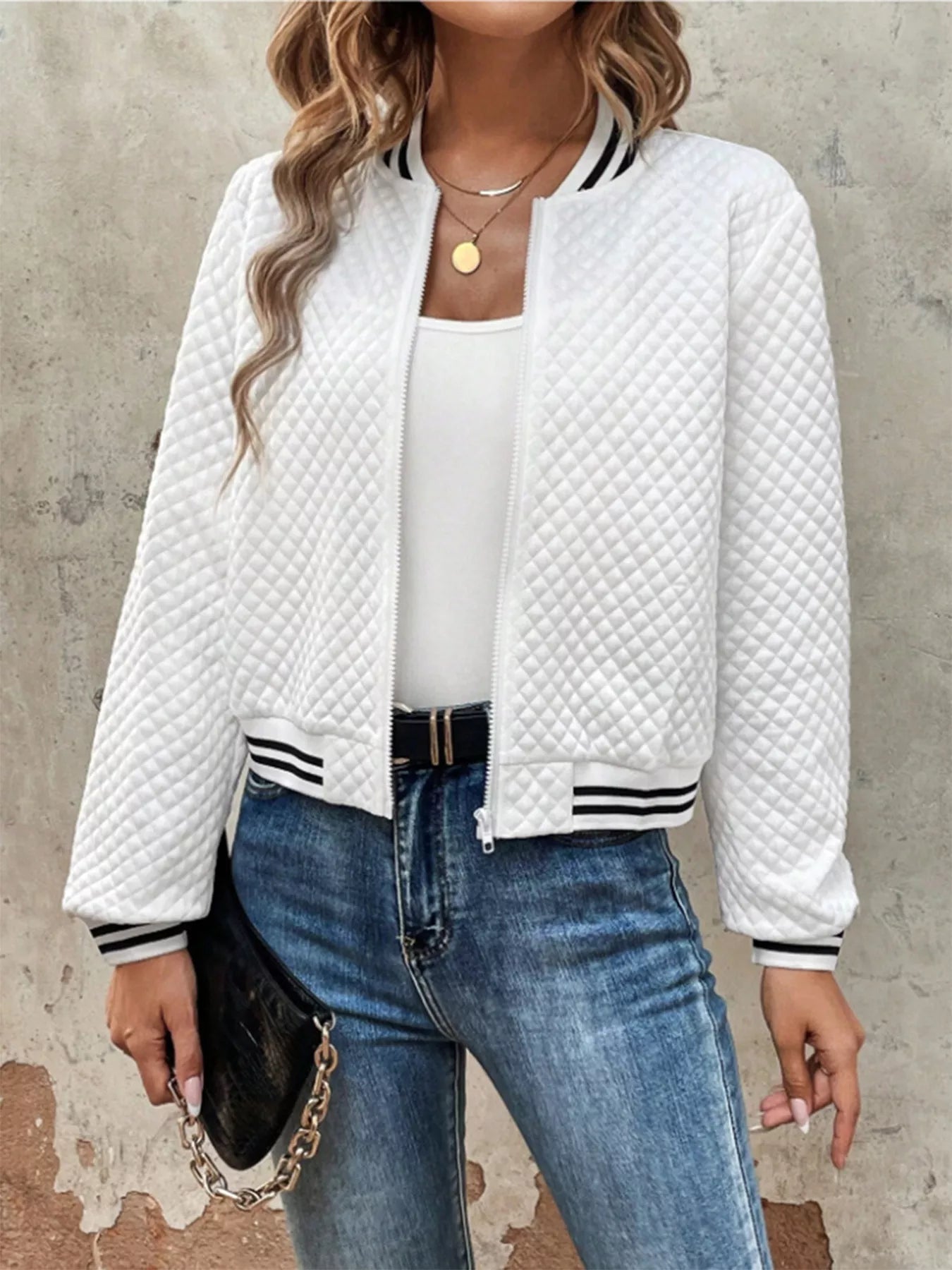 Striped Trim Zip Up Jacket