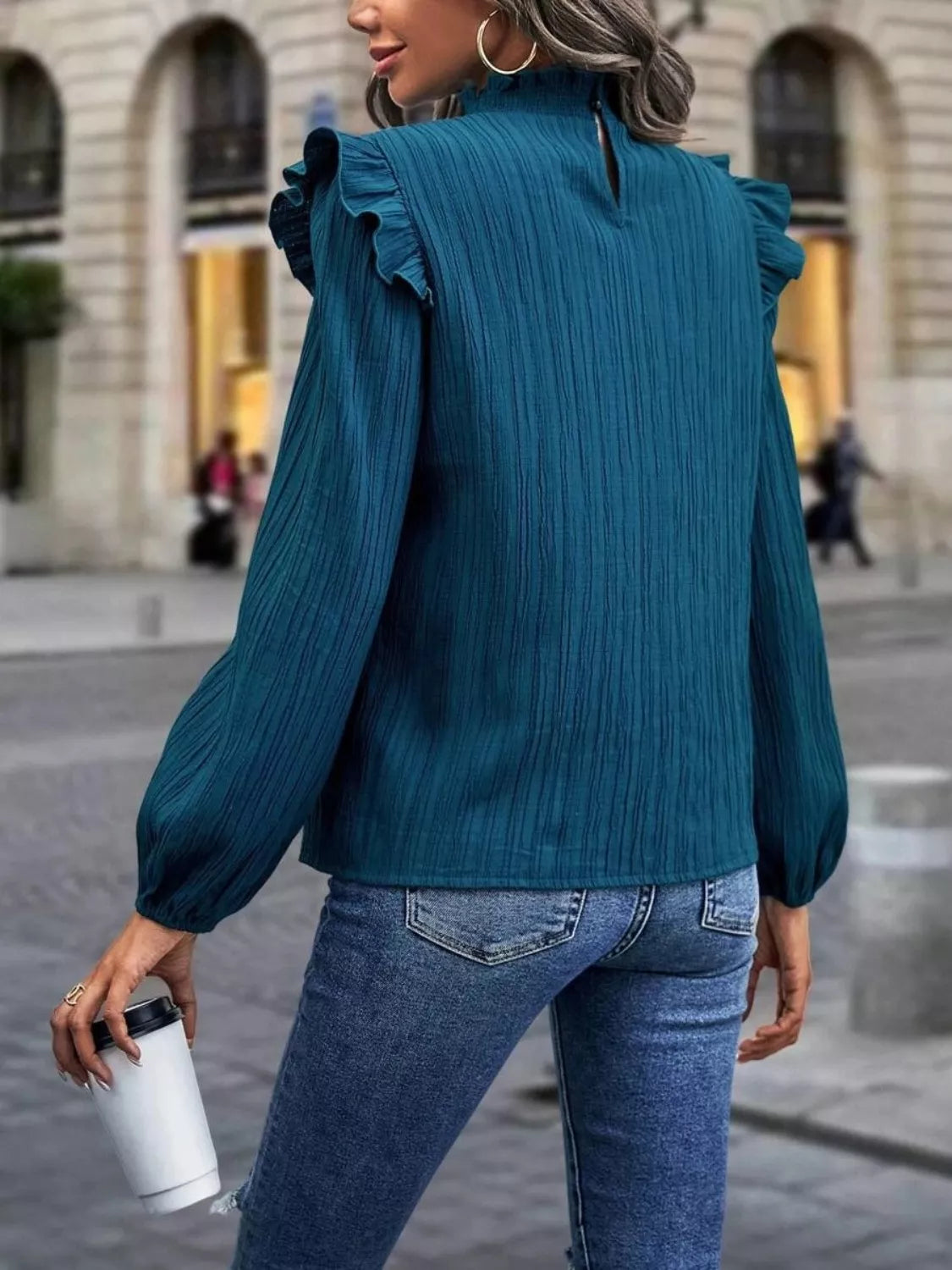 Ruffle Trim Long Sleeve Blouse