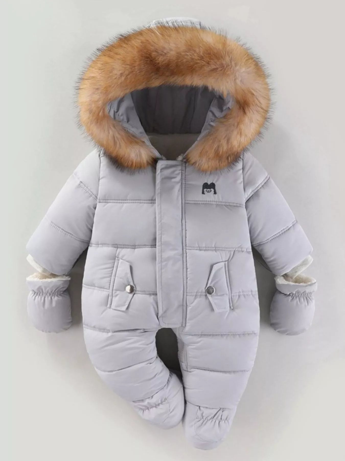 Children's Warm Padded One-Piece Snowsuit with Fur Hood