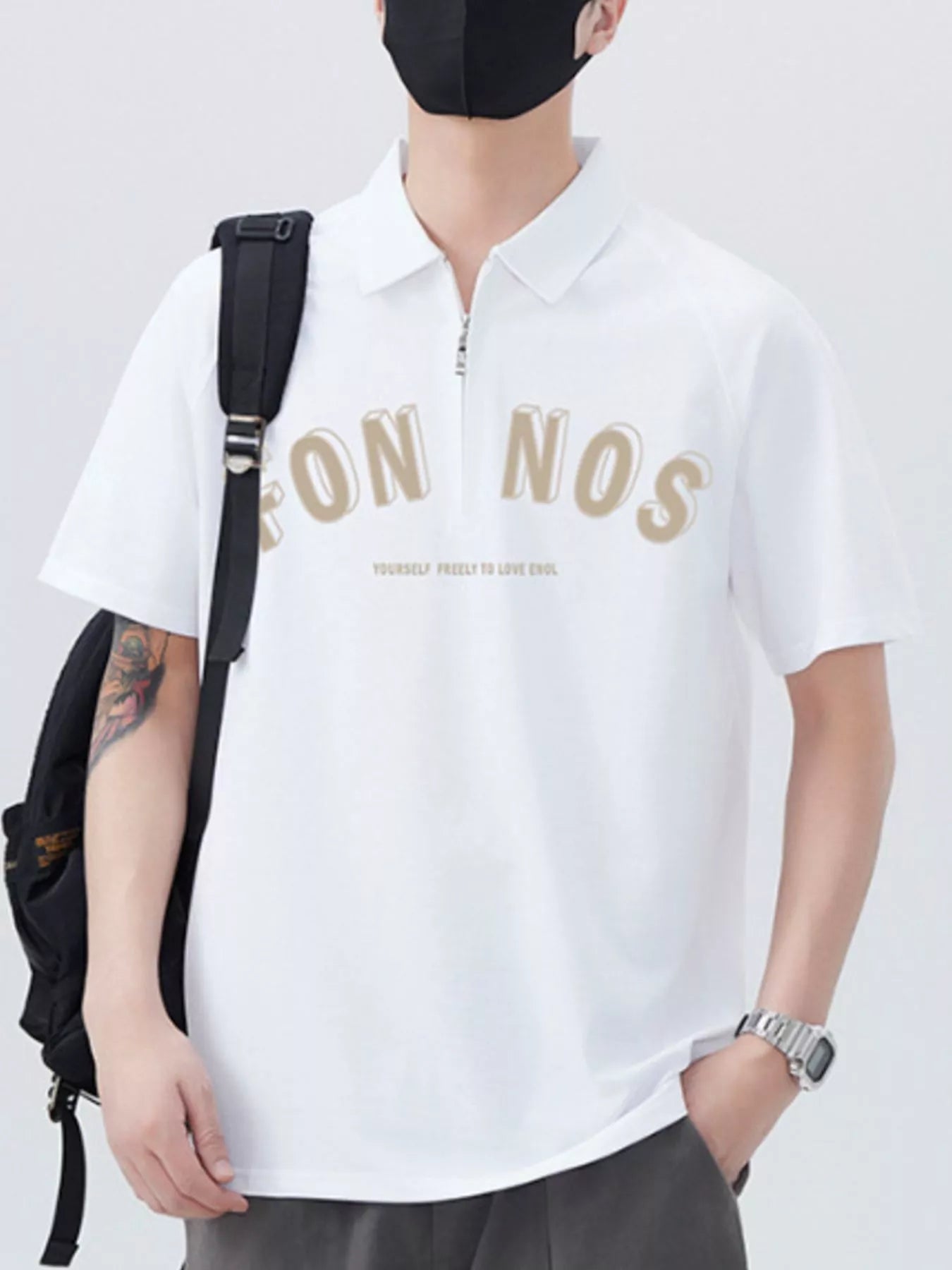 Men's Plus Size Zipper Polo Shirt with Letter Print