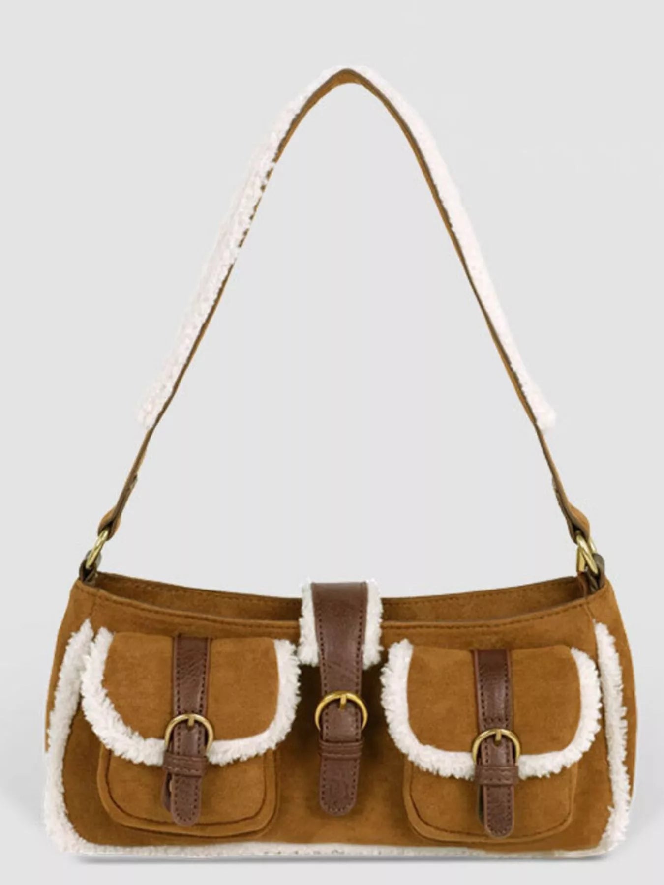 Vintage Suede Shoulder Bag with Plush Trim