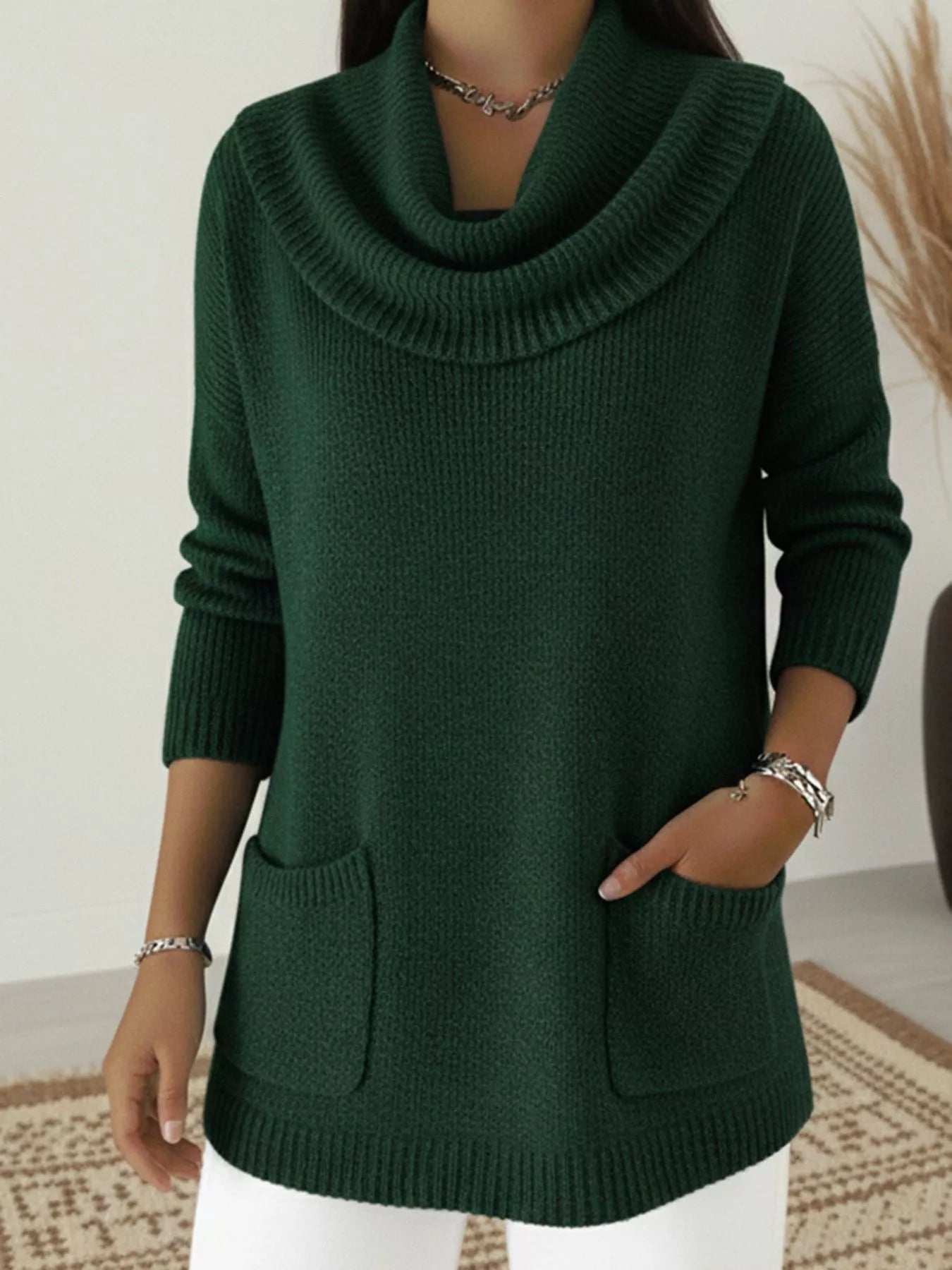 Full Size Cowl Neck Long Sleeve Sweater with Pockes Plus Size