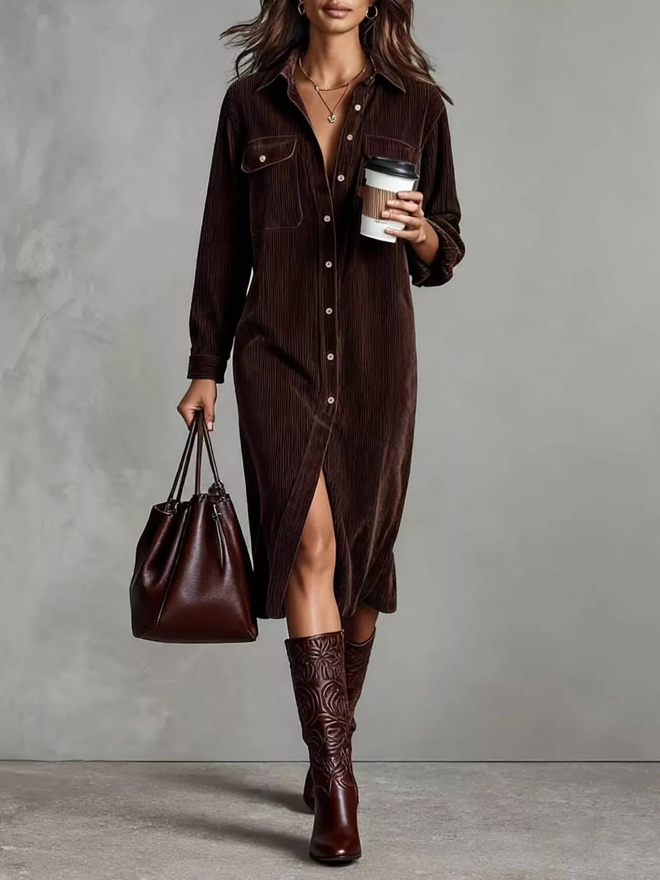 Corduroy Button-Down Midi Dress